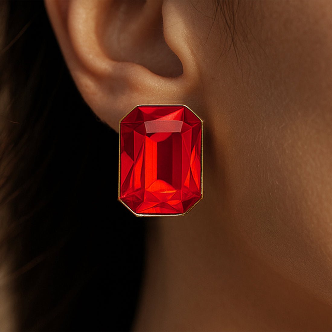 EYRA Earrings Anti-Tarnish Rectangle Shape Siam Red Crystal Studs