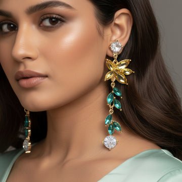 EYRA Earrings Anti-Tarnish Flower and Leaf Crystal Danglers