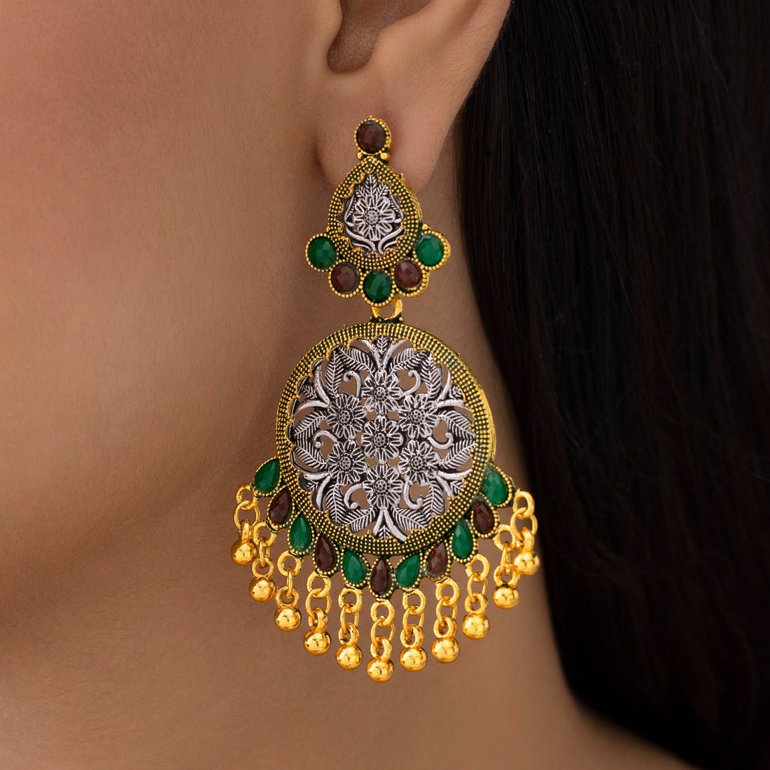 EYRA Earrings Anti-Tarnish Dual-Tone Ethnic Statement with Ghungroos Danglers