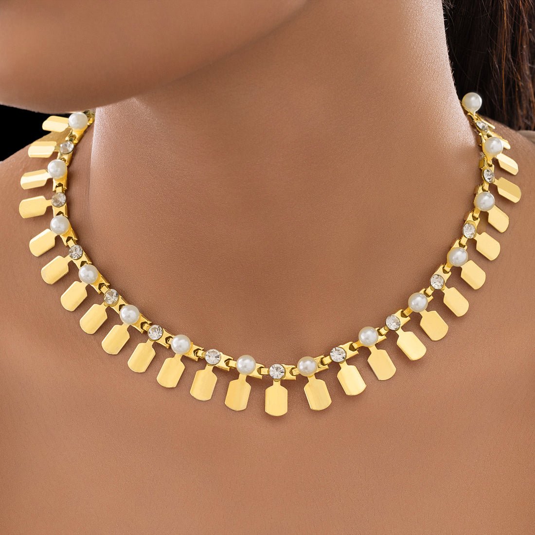 EYRA Necklace Anti-Tarnish Gold Plated Tribal with Pearl & Crystal