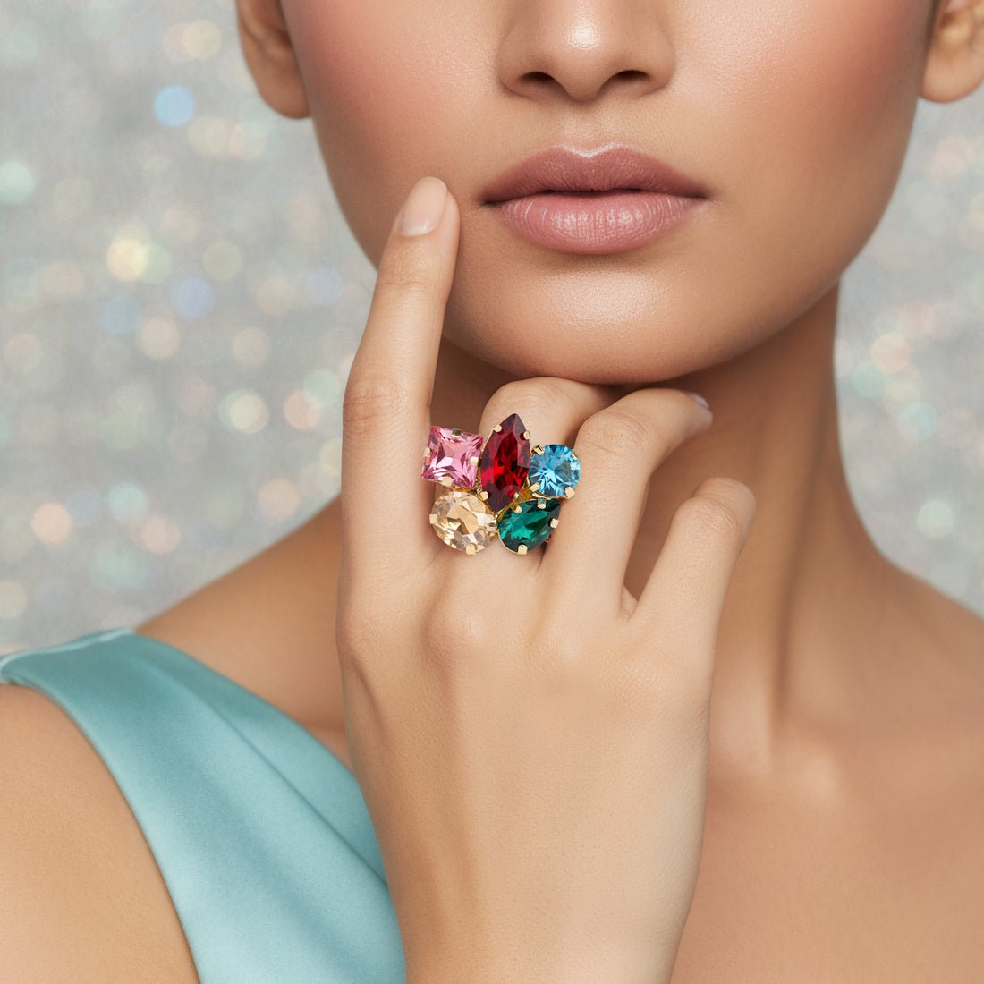 EYRA Ring Anti-Tarnish 5 Multi Crystals Mixed Shapes Broad Band (Adjustable Size)