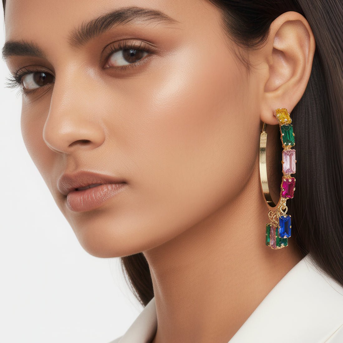 EYRA Earrings Anti-Tarnish Rectangle Multicoloured Crystal Charms Hoop