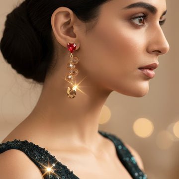 EYRA Earrings Anti-Tarnish Heart Crystal Tops with Beads & Oval Crystal Danglers