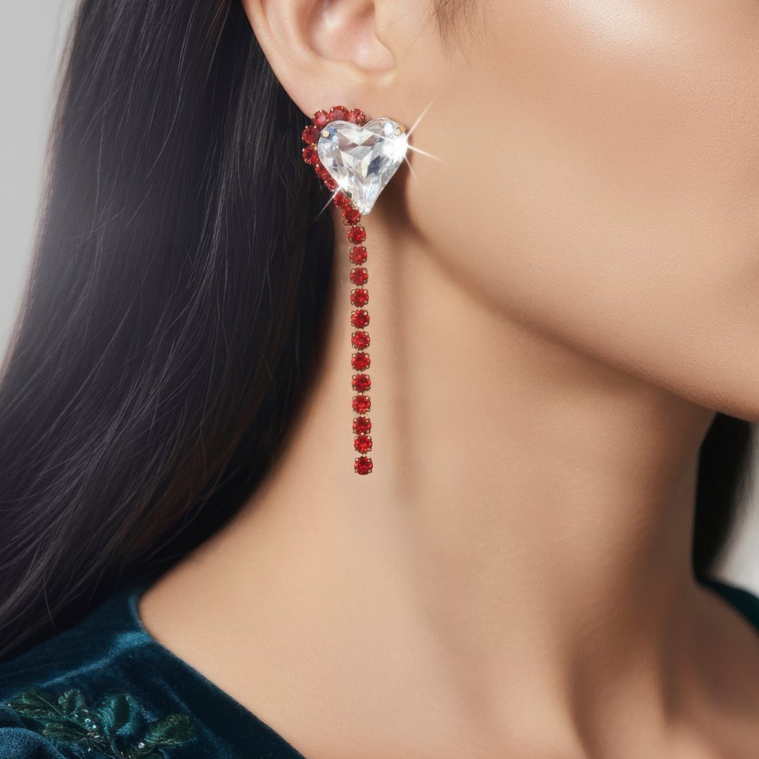 EYRA Earrings Anti-Tarnish Rhinestone Chain with Heart Crystal Danglers