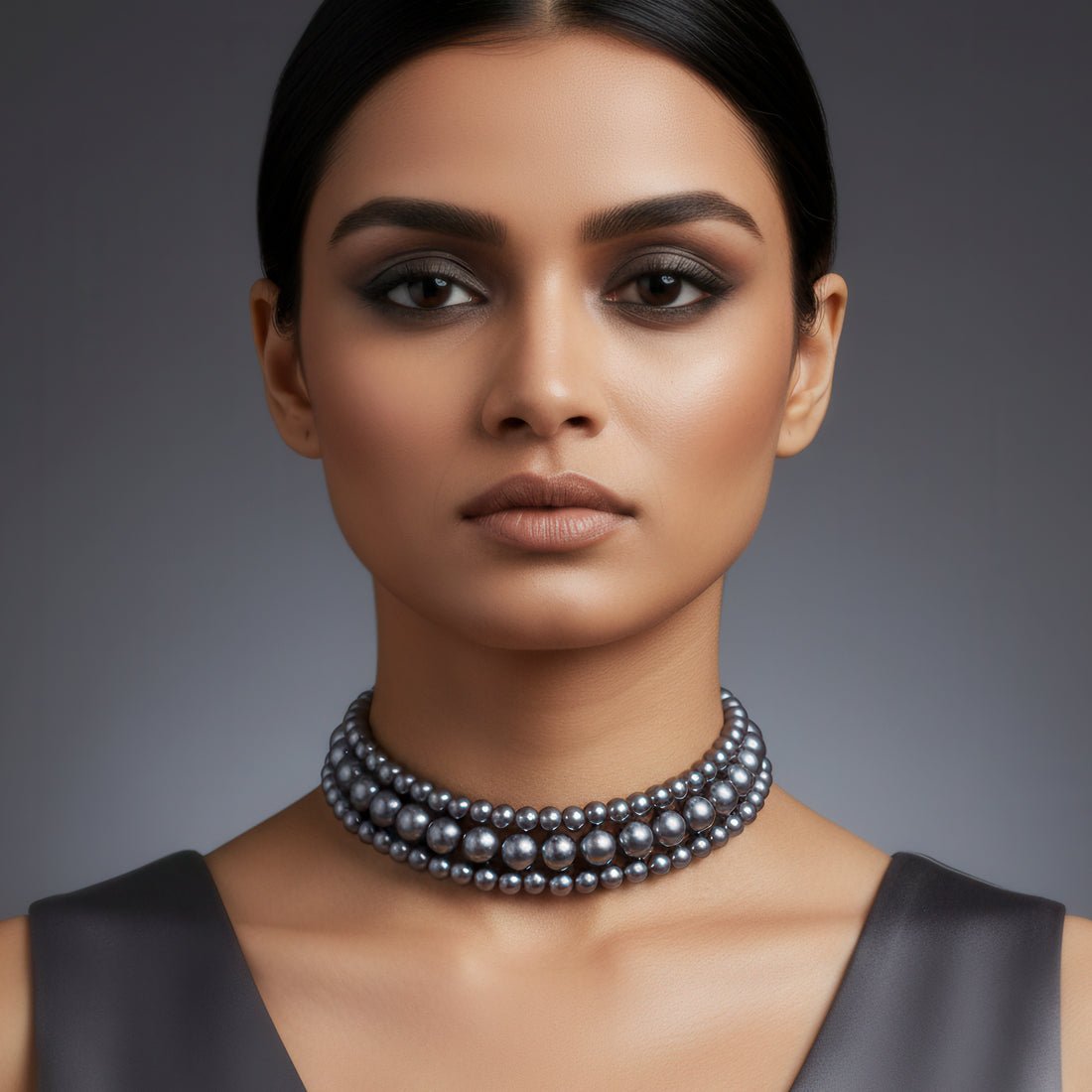 EYRA Necklace Triple Layer Blackish Grey Pearl Choker
