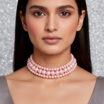 EYRA Necklace Triple Layer Rose Pink Pearl Choker