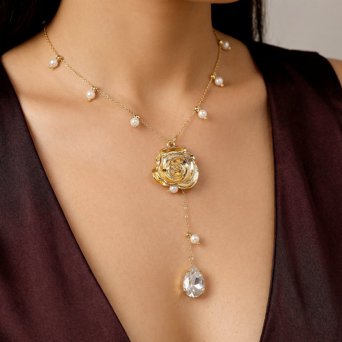 EYRA Necklace Anti-Tarnish Rose Pendant & Crystal Set With Earrings