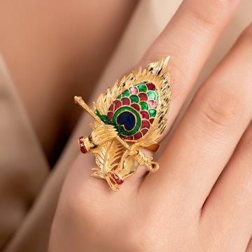 EYRA Ring Anti-Tarnish Krishna Peacock Feather Statement