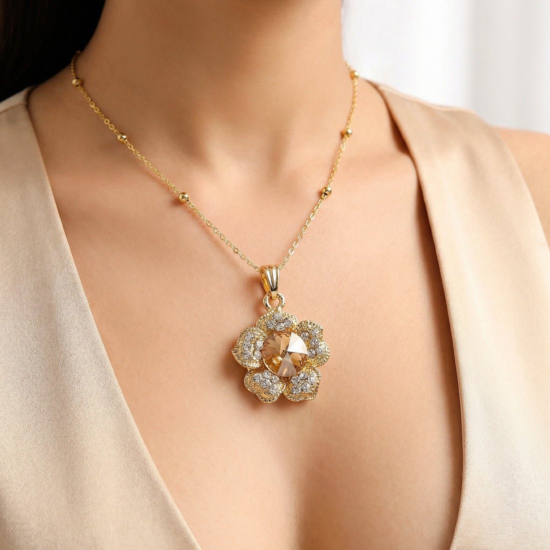 EYRA Necklace Anti-Tarnish Crystal Flower Pendant Set With Earrings