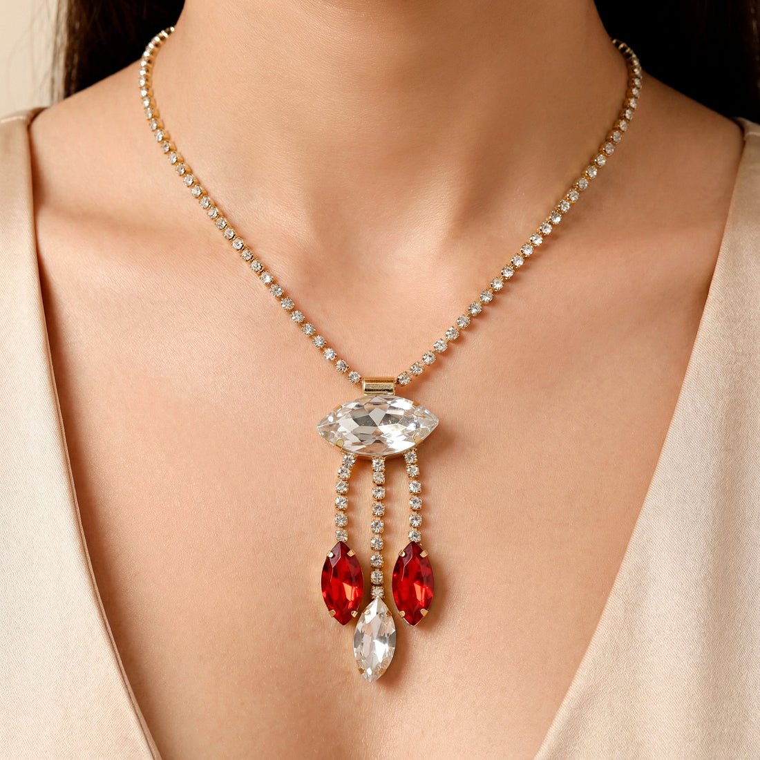 EYRA Necklace Anti-Tarnish Marquise Crystal Tassel Set With Earrings