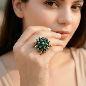 EYRA Ring Anti-Tarnish Rainbow Beaded Crystal Cluster Cocktail