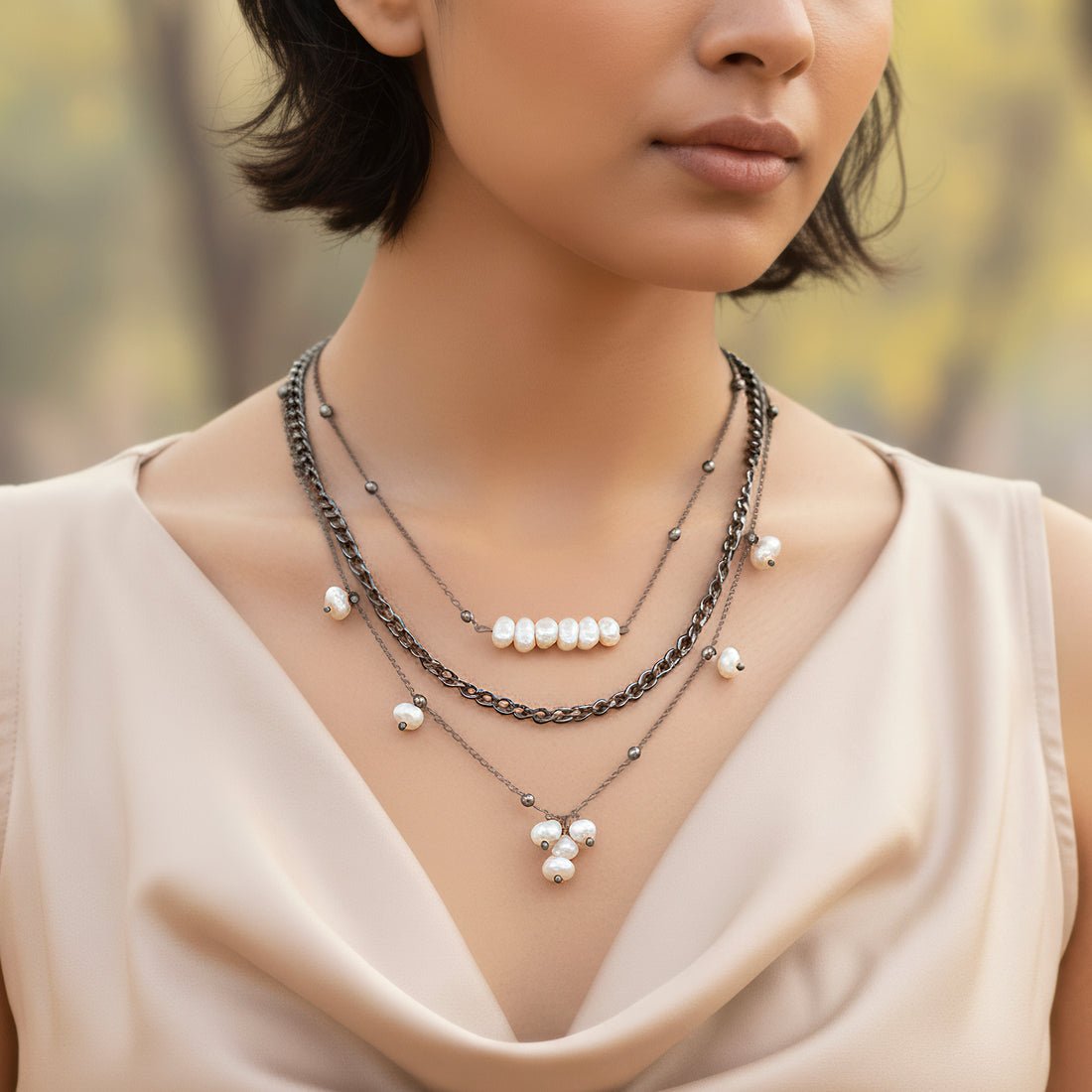 EYRA Necklace Anti-Tarnish Triple Layer Uncut Pearls