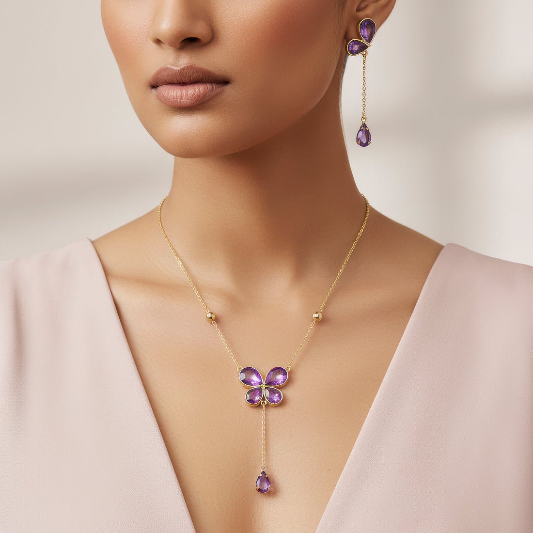 EYRA Necklace Anti-Tarnish Purple Crystal Butterfly Set  With Earrings