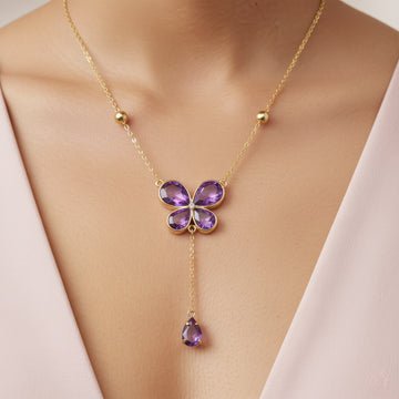 EYRA Necklace Anti-Tarnish Purple Crystal Butterfly Set  With Earrings