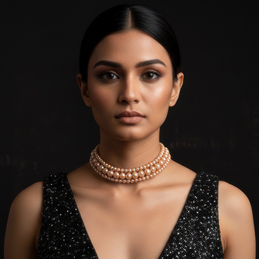 EYRA Necklace Triple Layer Golden Brown Pearl Choker