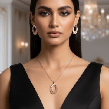 EYRA Necklace Anti-Tarnish Hollow Studded Oval Pendant Set With Earrings