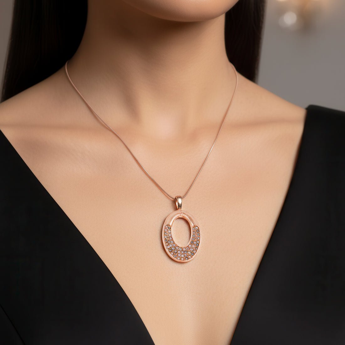 EYRA Necklace Anti-Tarnish Hollow Studded Oval Pendant Set With Earrings