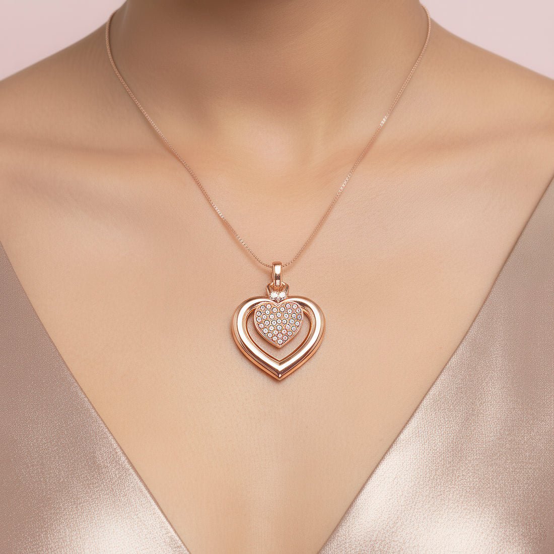 EYRA Necklace Anti-Tarnish Double Studded Heart Pendant Set With Earrings