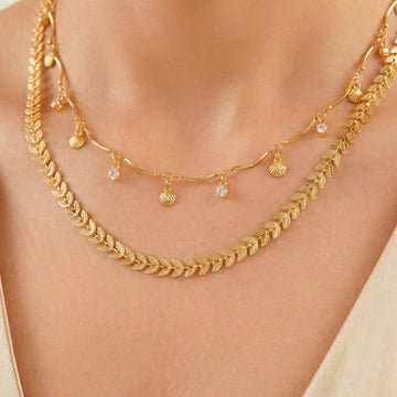 EYRA Necklace Anti-Tarnish Double Layer Chevron Chain with Shell Charms