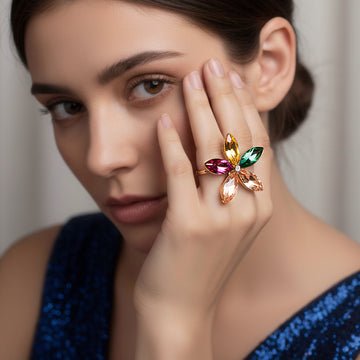 EYRA Ring Anti-Tarnish Multicolour Crystal Flower (Adjustable Size)