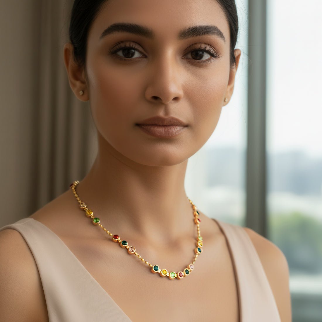 EYRA Necklace Anti-Tarnish Multi-Crystals & Ball Chain Single-Line