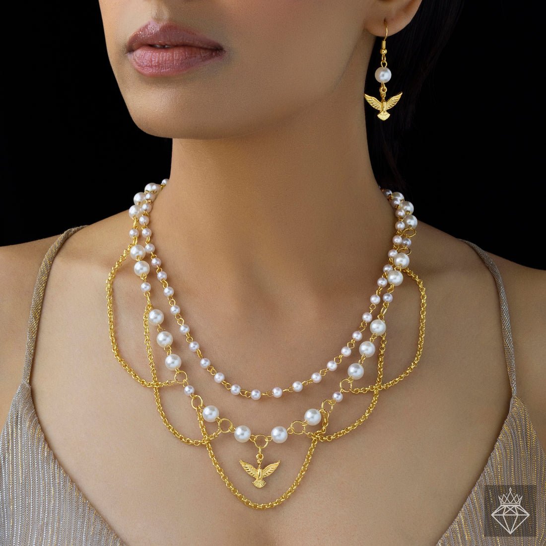 EYRA Necklace Anti-Tarnish Pearls & Bird Set With Earrings