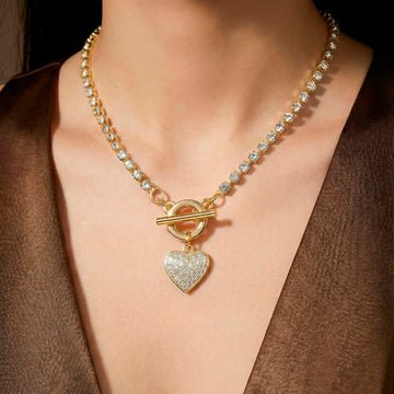 EYRA Necklace Anti-Tarnish AD-Studded Heart Charm with T-Lock