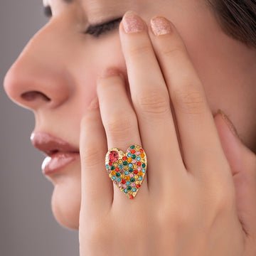EYRA Ring Anti-Tarnish Multi-Color Crystal Studded Heart-Shaped (Adjustable Size)