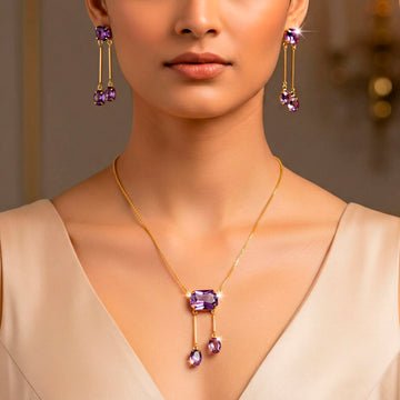 EYRA Necklace Anti-Tarnish Rectangle Crystal Lariat Set With Earrings