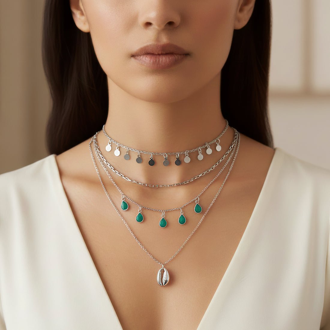 EYRA Necklace Anti-Tarnish Multilayered Crystal Charms Silver Plated