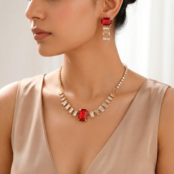 EYRA Necklace Anti-Tarnish Baguette Crystal Set With Earrings