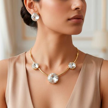 EYRA Necklace Anti-Tarnish Round Crystal Spaced Set With Earrings