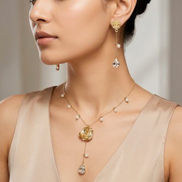 EYRA Necklace Anti-Tarnish Rose Pendant & Crystal Set With Earrings