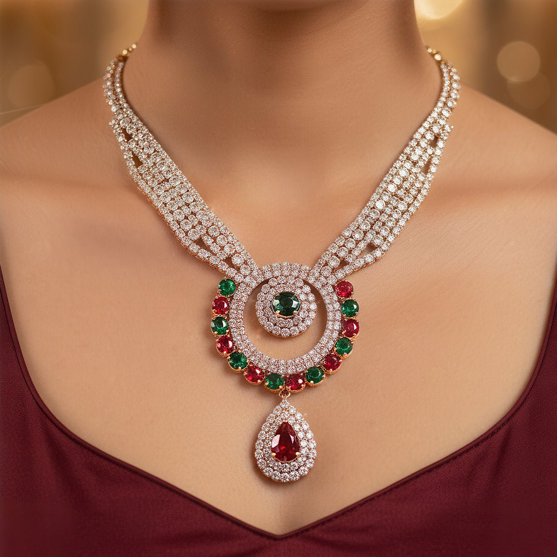 EYRA Necklace Anti-Tarnish Ethnic Rhinestone Hollow Pendant Set With Earrings