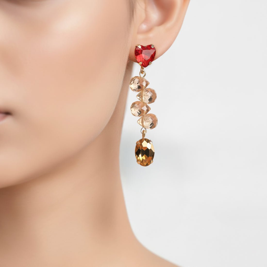 EYRA Earrings Anti-Tarnish Heart Crystal Tops with Beads & Oval Crystal Danglers