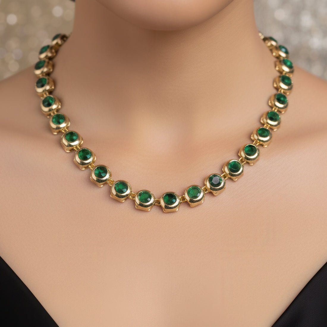 EYRA Necklace Anti-Tarnish Emerald Crystals Set With Earrings