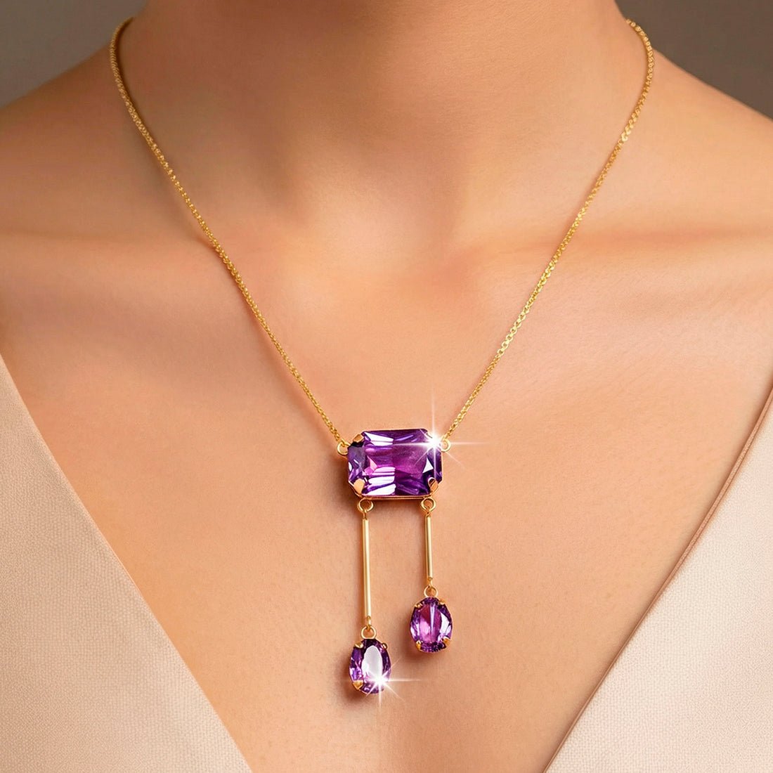 EYRA Necklace Anti-Tarnish Rectangle Crystal Lariat Set With Earrings