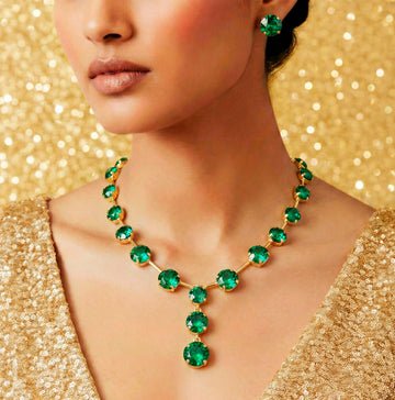 EYRA Necklace Anti-Tarnish Emerald Crystal Set With Earrings