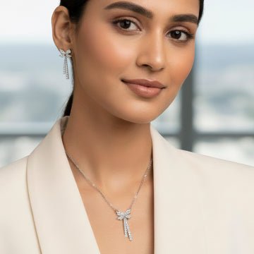 EYRA Necklace Anti-Tarnish Silver AD-Studded Bow Set with Earrings
