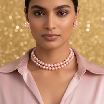EYRA Necklace Multilayer Rose Pink Pearl Set With Earrings