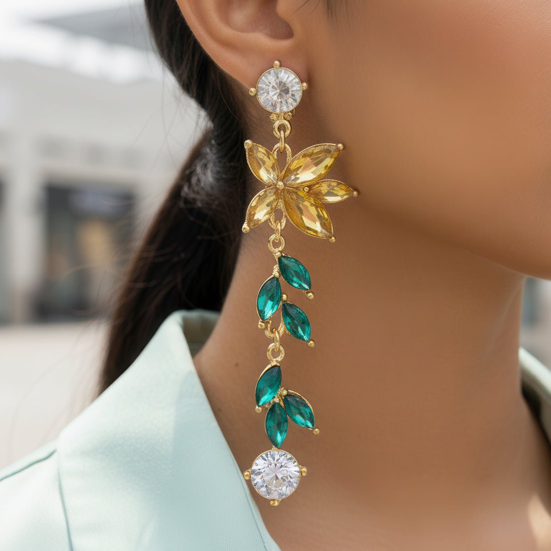 EYRA Earrings Anti-Tarnish Flower and Leaf Crystal Danglers